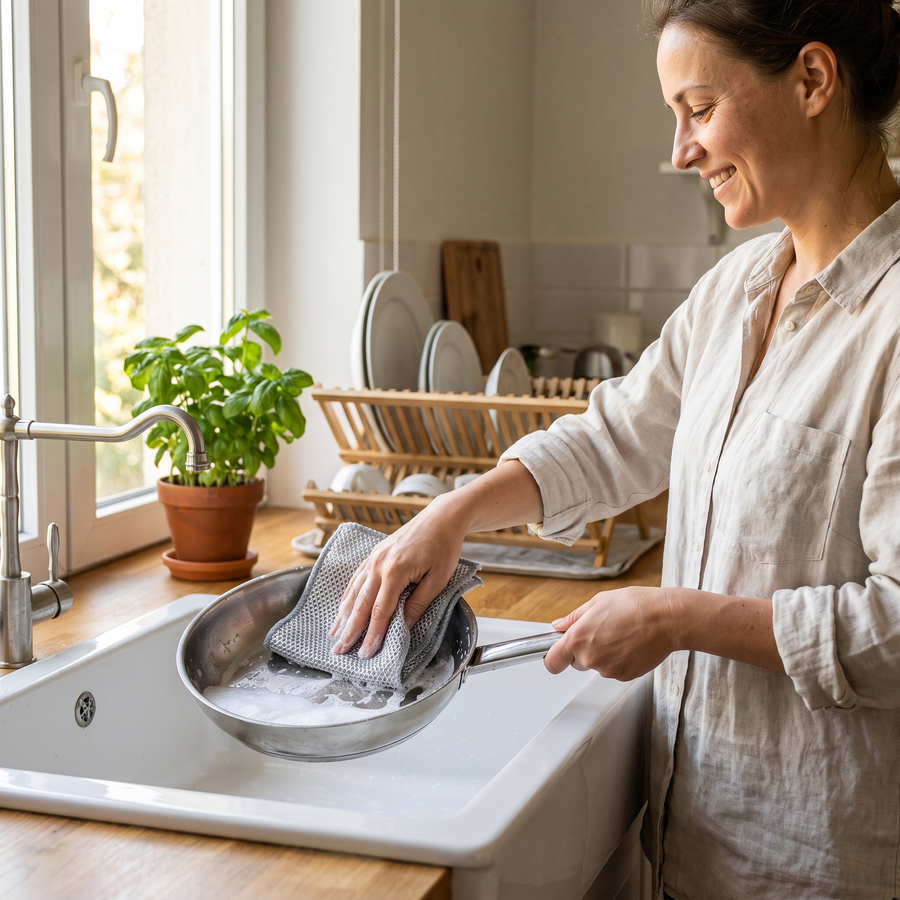 Kvinna diskar stekpanna med EasyClean