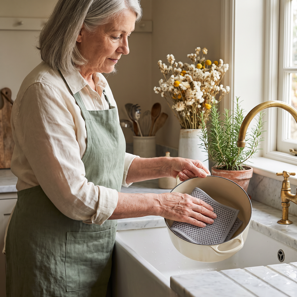Kvinna rengör gryta med EasyClean